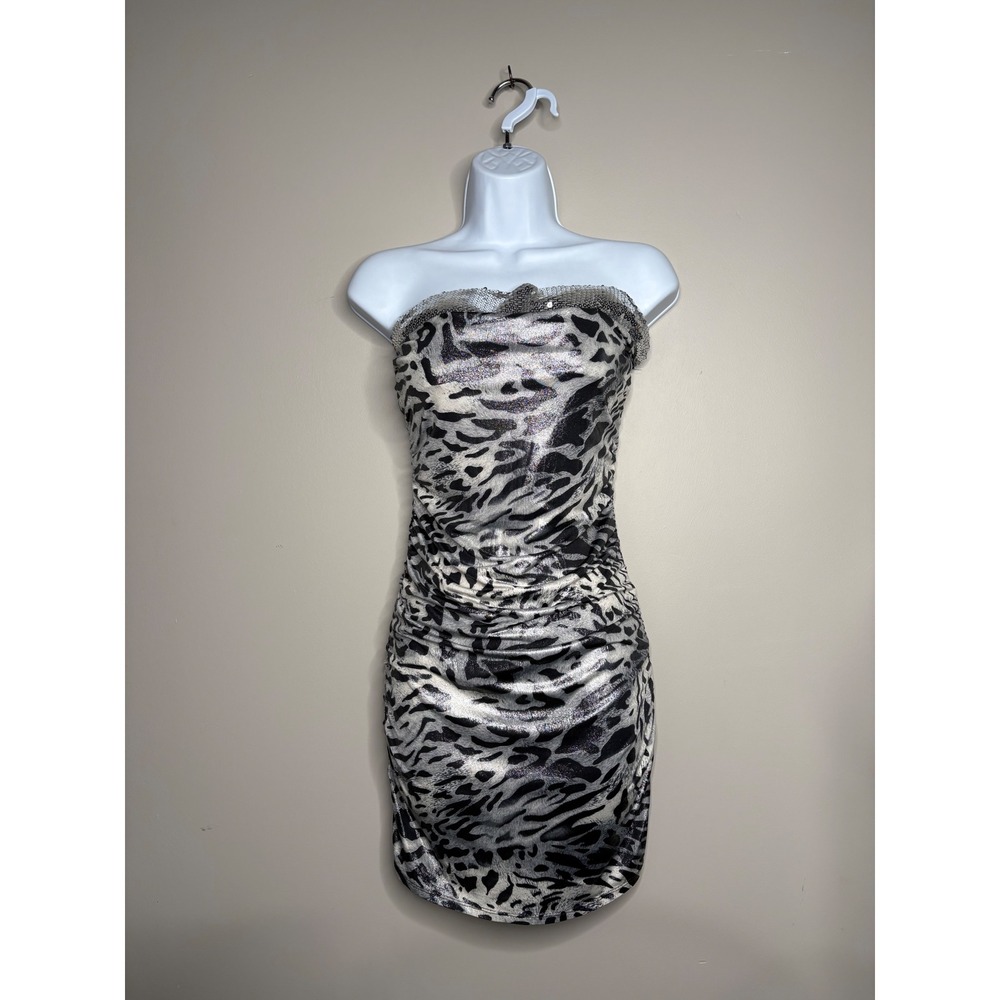 Joyce Leslie Silver Metallic Animal Print Sequin Ruched Tube Dress Medium D4554